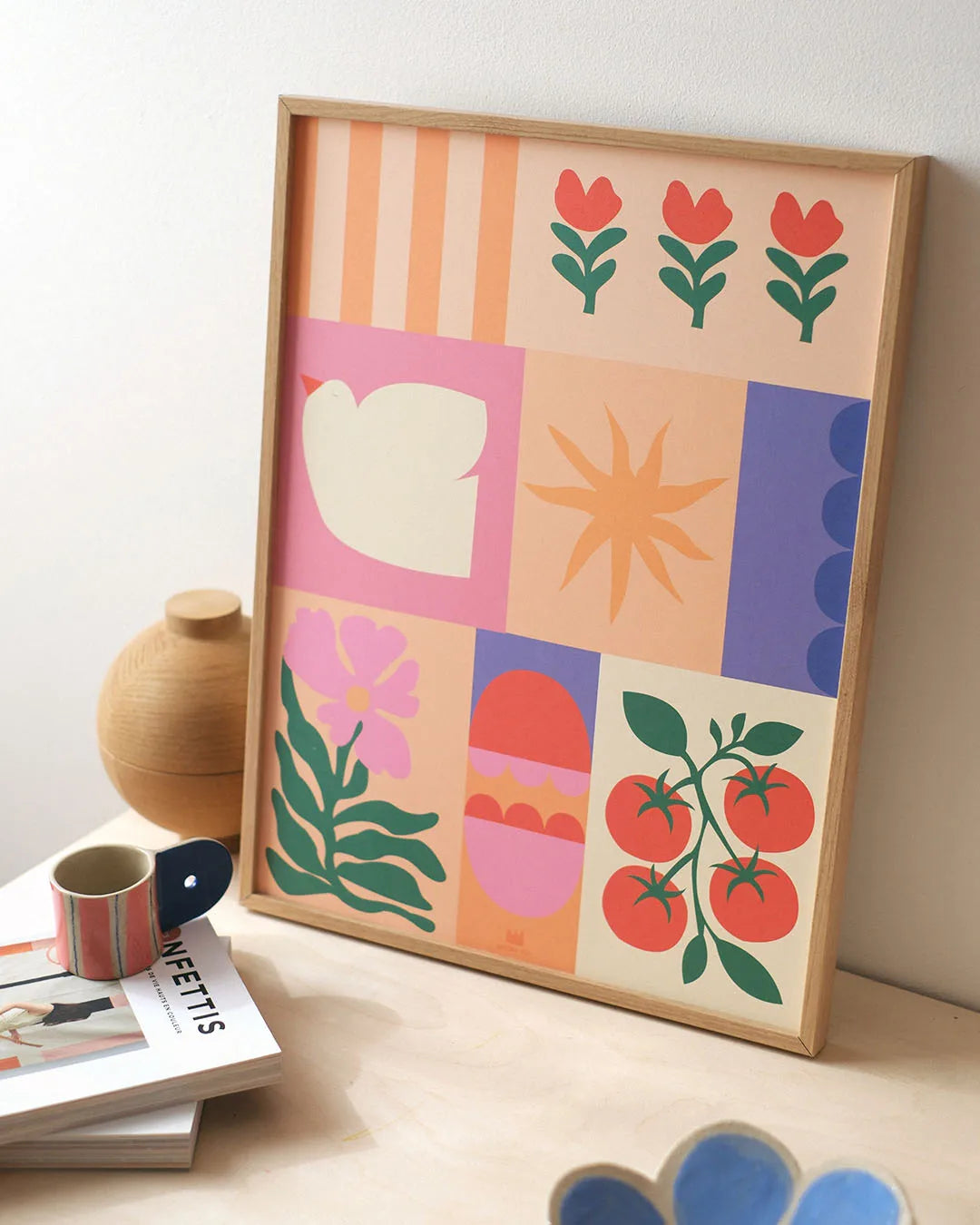 Affiche Patchwork Estival pour salon, chambre ou salle de jeux, illustration colorée avec fleurs, oiseaux et soleil.