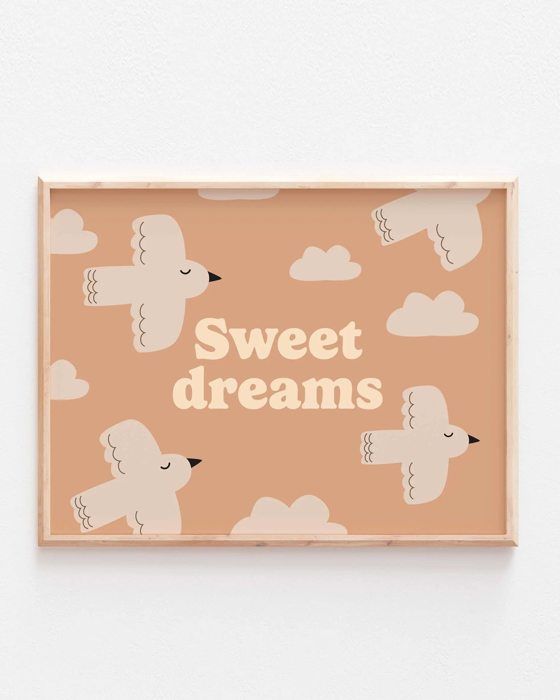 Affiche Sweet Dreams pour chambre enfant, illustration douce et apaisante avec message rassurant.