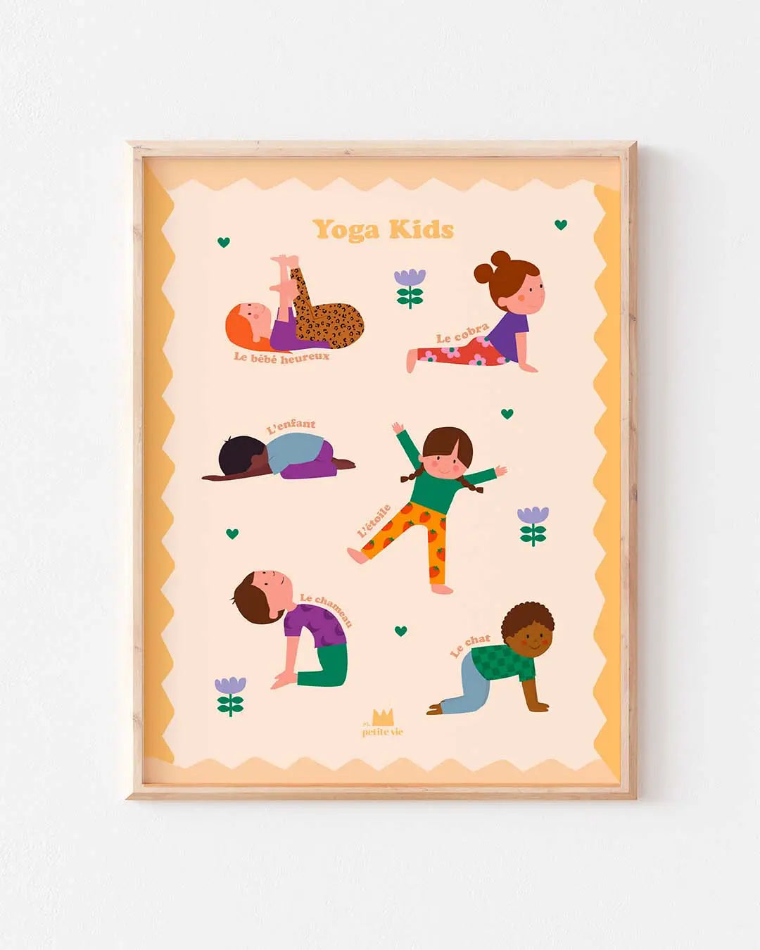 Affiche Yoga Kids avec six postures illustrées pour enfants, outil pédagogique pour la détente et le bien-être.
