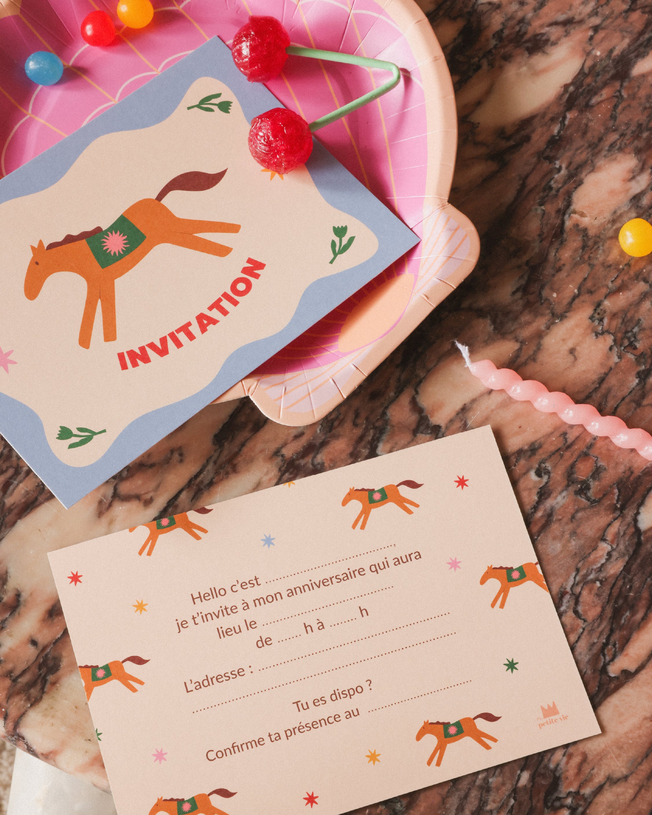 Set of 6 children's birthday invitation cards - Pony