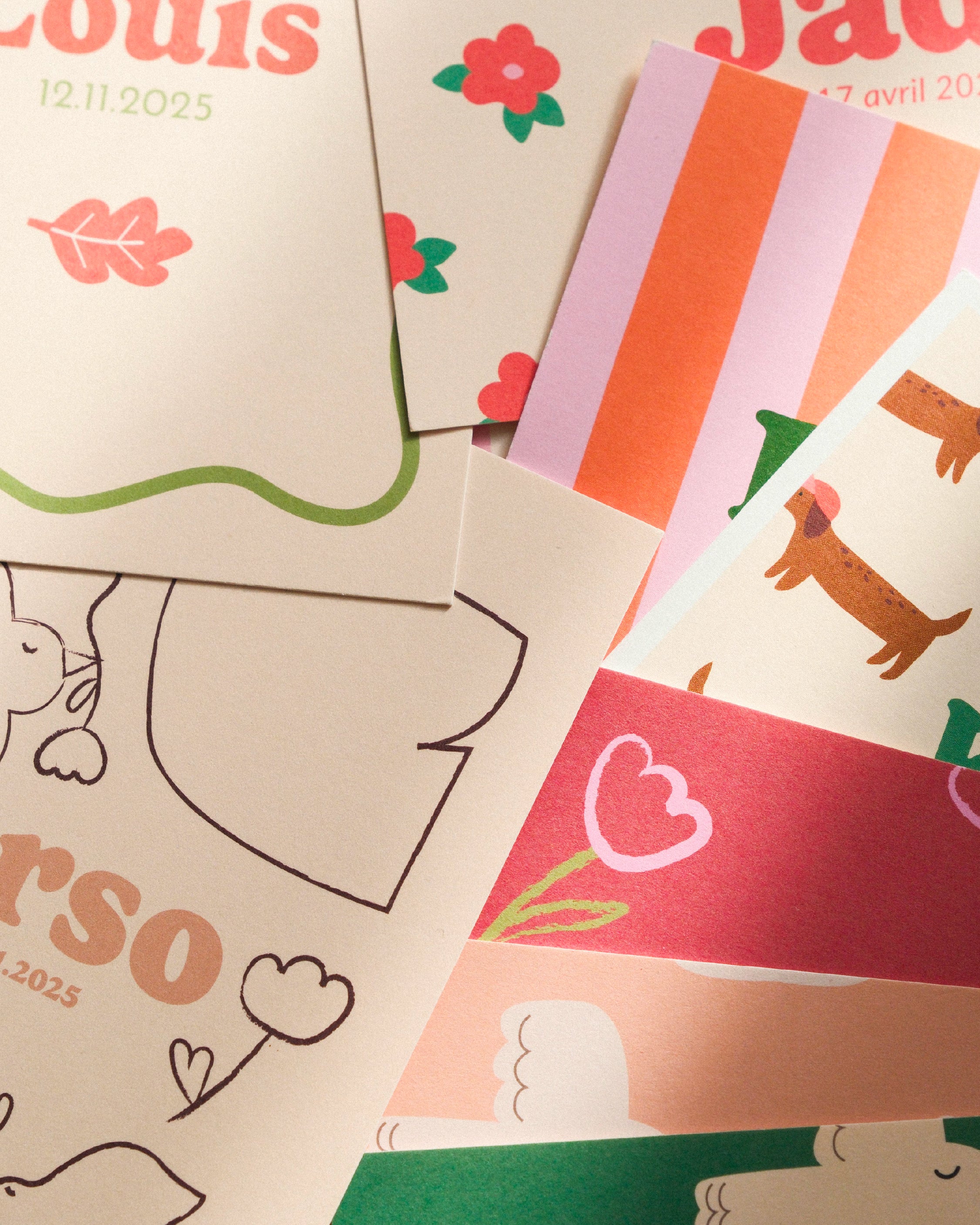 Illustrations teckels et oiseaux pour les faire-part de naissance de vos babies