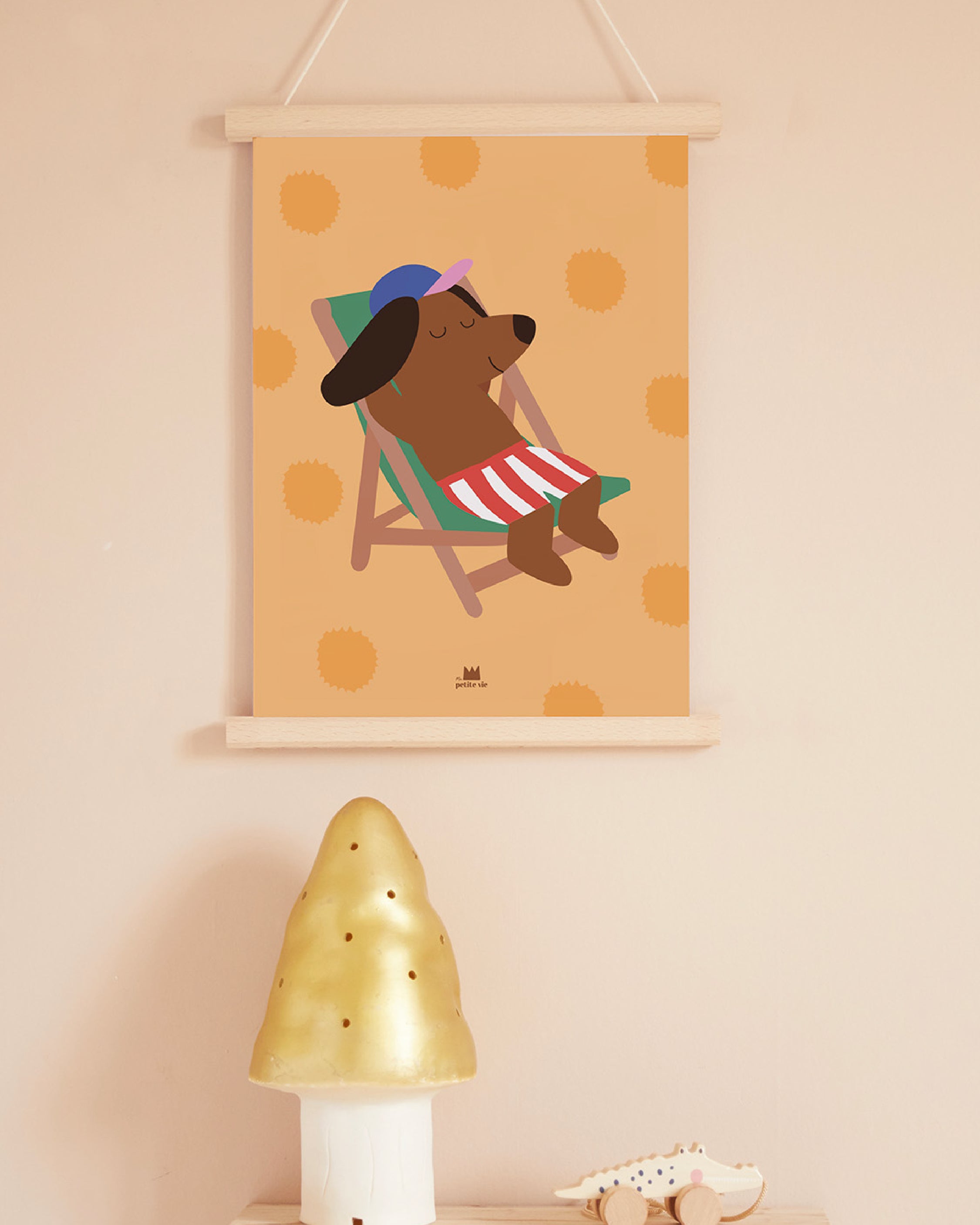 illustration chien posé sur un transat pour une affiche de déco pour enfant