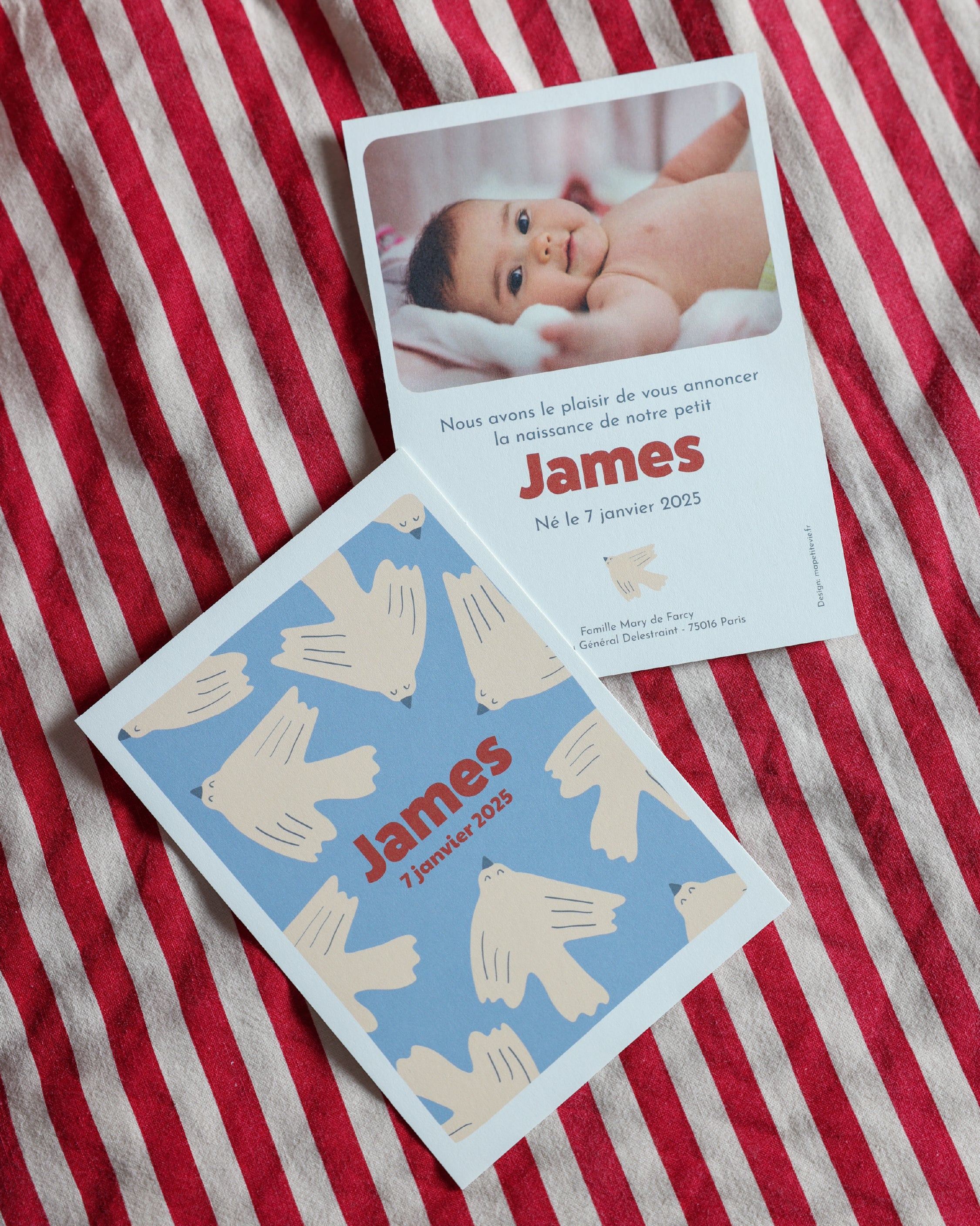 faire-part de naissance fond bleu avec des oiseaux blanc, message poétique pour annoncer la naissance